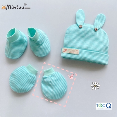 Set  mũ tai thỏ - bao tay  chân  bo  sọc màu cho bé MINTUU