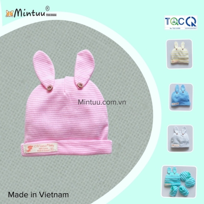 Mũ tai thỏ sọc màu đính nút cho bé MINTUU