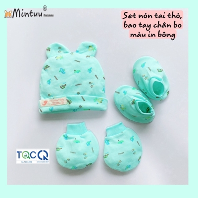 Set  mũ tai thỏ - bao tay  chân  bo  màu  in bông  cho  bé MINTUU