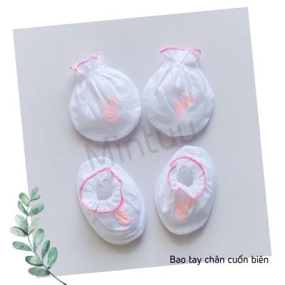 SIÊU  SALE - Bộ bao tay bao chân sơ sinh cuốn biên trắng thương hiệu MINTUU, chất liệu vải 100% cotton 