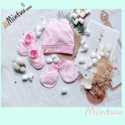 Set mũ  sơ  sinh  tai  thỏ - bao tay  chân  vải  sợi  tre  MINTUU