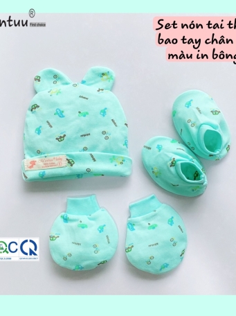Set  mũ tai thỏ - bao tay  chân  bo  màu  in bông  cho  bé MINTUU
