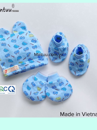 Set  mũ tai thỏ - bao tay  chân  bo  màu  in bông  cho  bé MINTUU