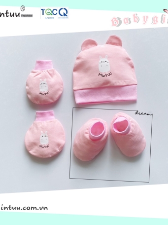 Set  mũ sơ sinh tai thỏ  - bao tay  chân bo  vải cotton 4 chiều  cao  cấp  MINTUU