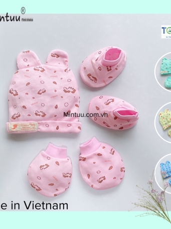 Set  mũ tai thỏ - bao tay  chân  bo  màu  in bông  cho  bé MINTUU
