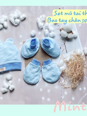 Set mũ  sơ  sinh  tai  thỏ - bao tay  chân  vải  sợi  tre  MINTUU