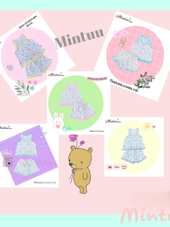 Bộ quần áo ba lỗ bé gái cuốn biên MINTUU vải 100% cotton