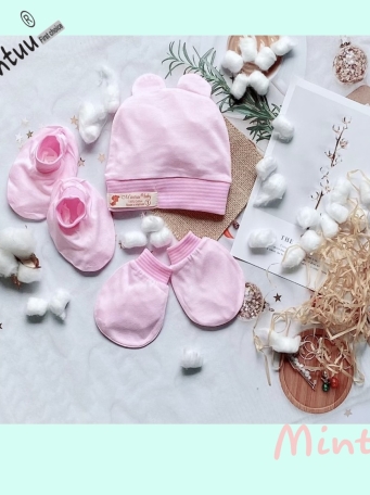 Set mũ  sơ  sinh  tai  thỏ - bao tay  chân  vải  sợi  tre  MINTUU